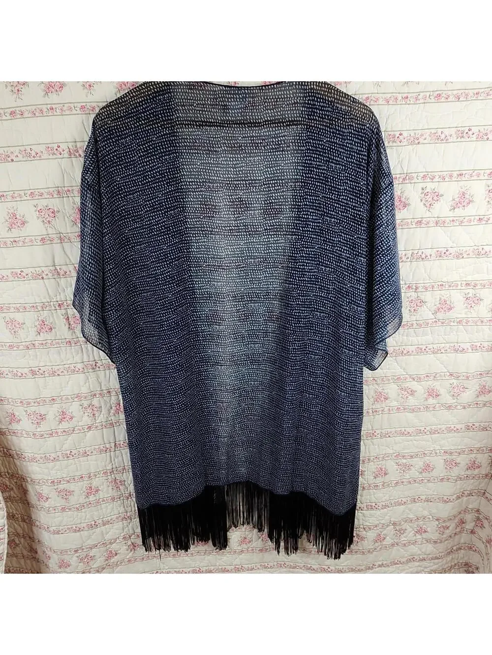 LuLaRoe Fringed Kimono Cardigan Large Blue Dot Lightweight